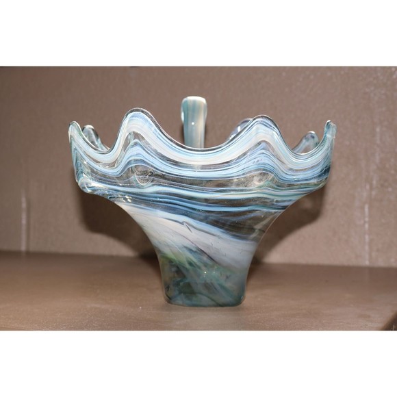 1970s Sooner Glass Multi Color Blue Swirl Swan Bowl with Ruffled Rim - Picture 4 of 9